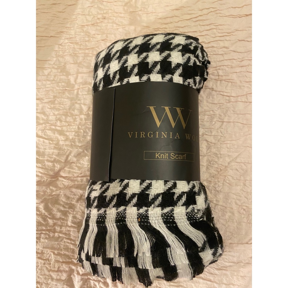Virginia Wolf Knit Scarf Black White Houndstooth Fringe New